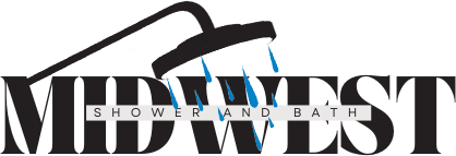 Alt text: Logo of Midwest Shower and Bath featuring stylized text with a blue droplet design integrated into the "M" of "Midwest."